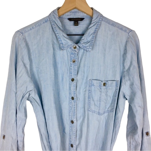 BANANA REPUBLIC Chambray Shirt Dress Light Wash Tie Waist Roll Tab Plus Size 14 - Picture 5 of 14